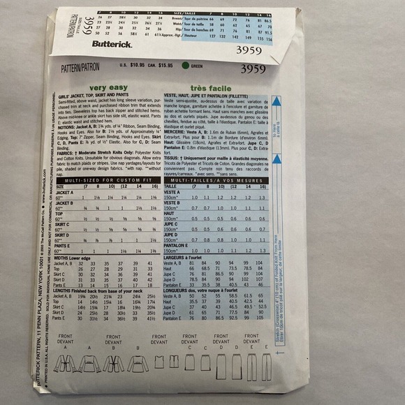 Butterick 3959 UNCUT Girls Fast/Easy Jacket Top Pants Sewing Pattern 7, 8, 10 - Picture 2 of 3